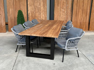 Bentley 260cm oud teak | Boomstam | U poot zwart | Nova dining stoel lichtgrijs | dining tuinset 7-dlg