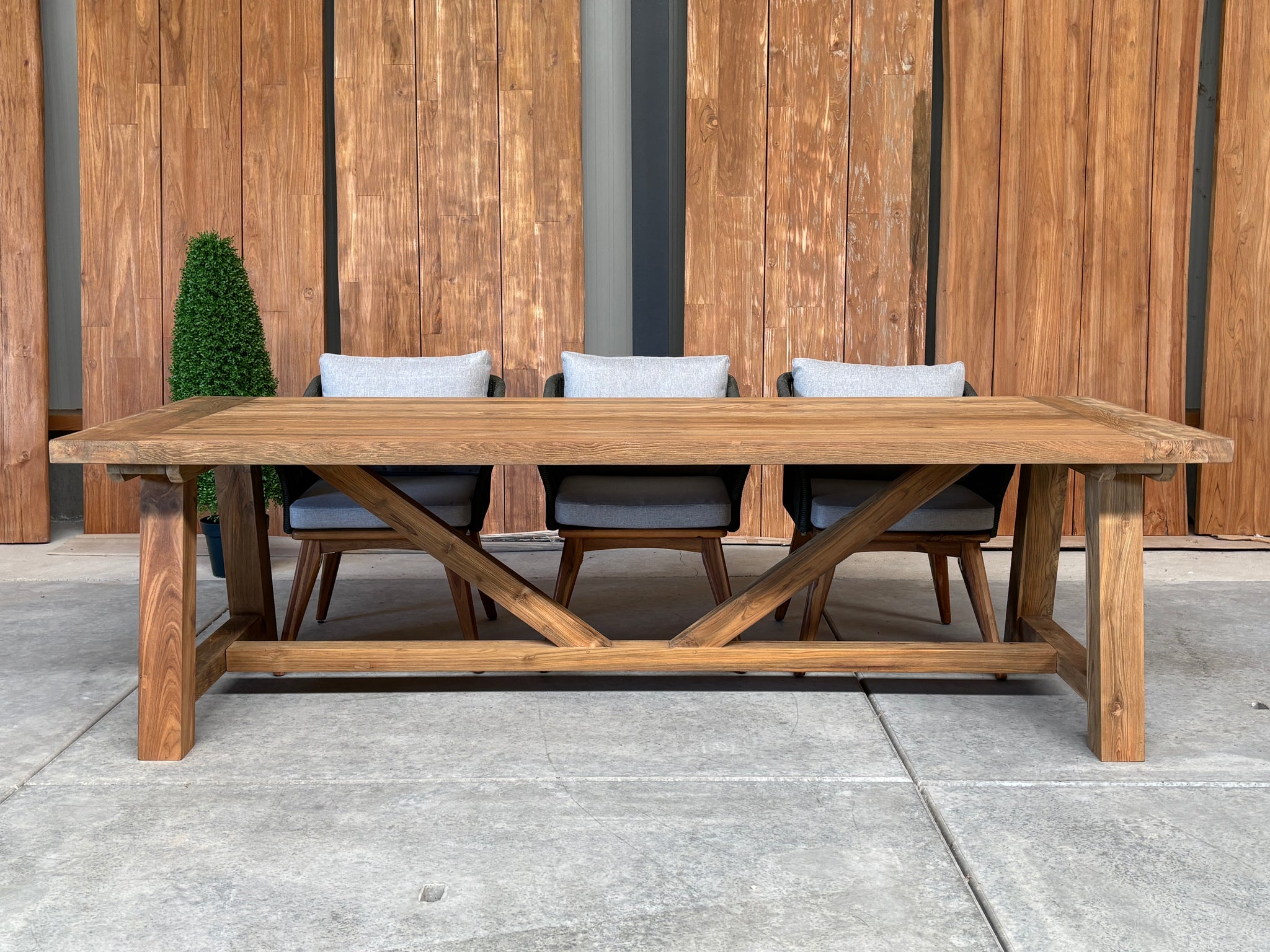 Muiderslot tuintafel 260 | gerecycled teak | Marisol dining stoel olijfgroen | dining tuinset 7-dlg