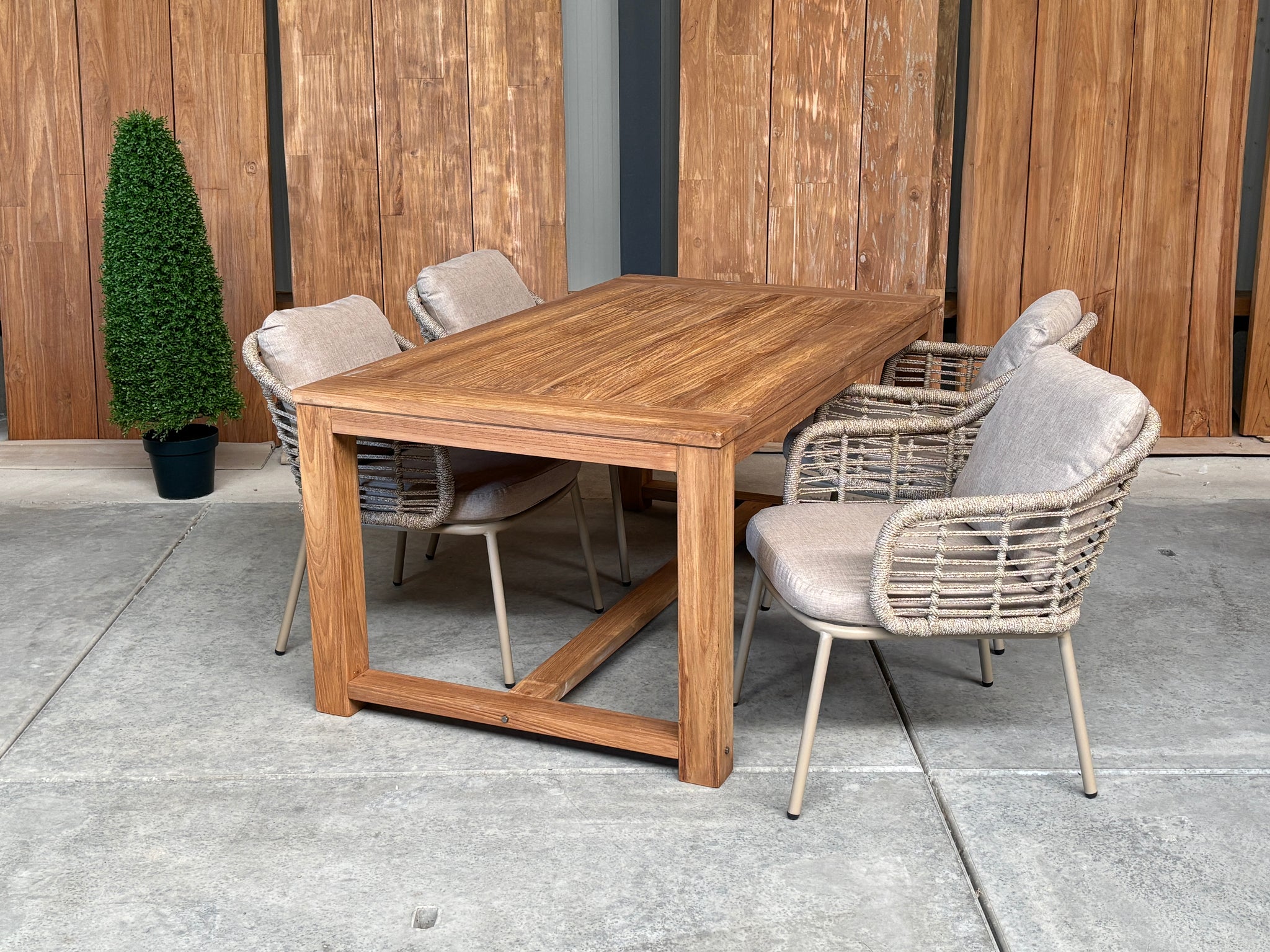 Windsor 180cm oud teak | Luna dining stoel rope beige | dining tuinset 5-dlg