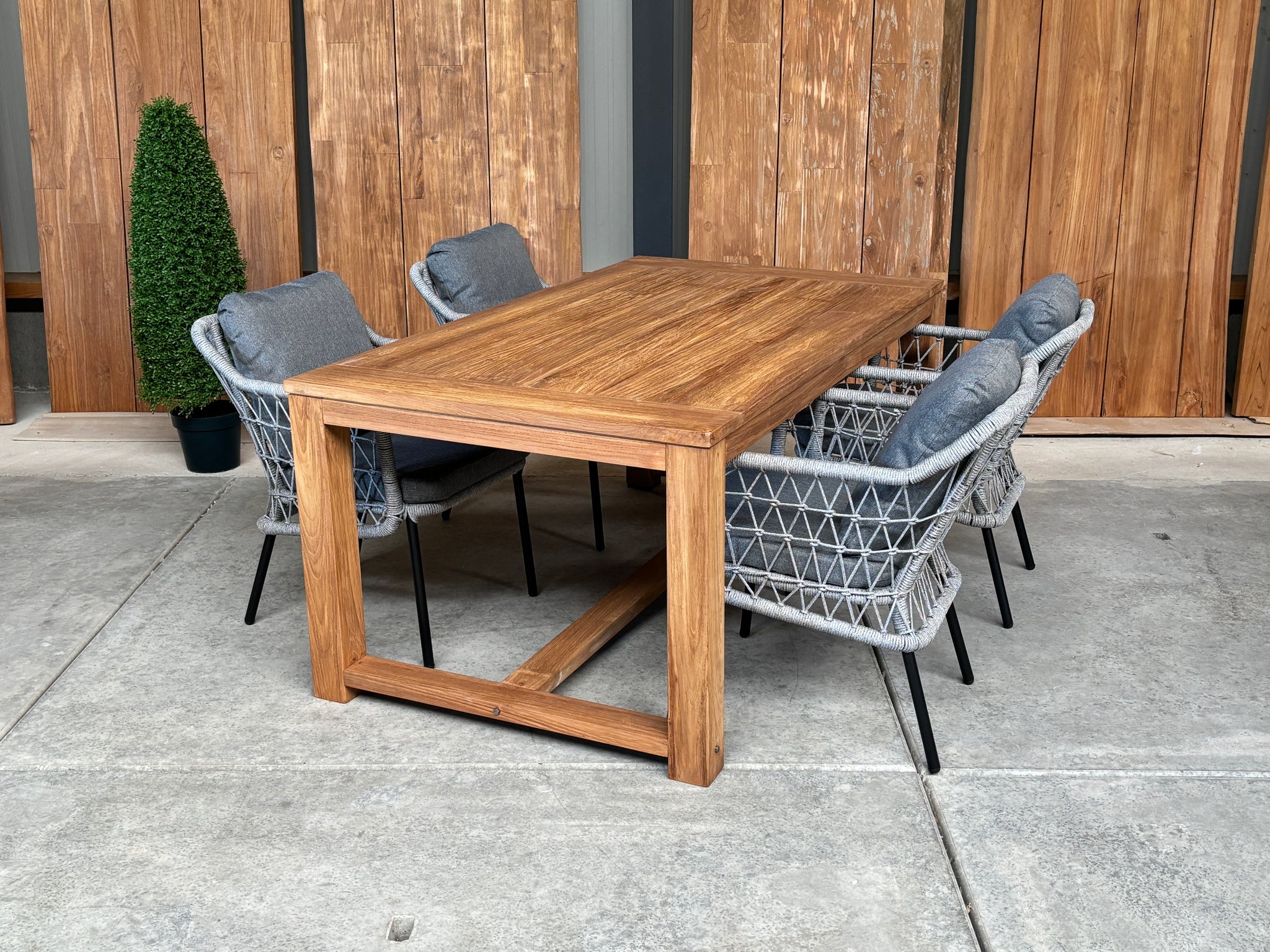 Windsor 180cm oud teak | Nova dining stoel rope licht grijs | dining tuinset 5-dlg