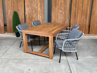 Windsor 180cm oud teak | Nova dining stoel rope licht grijs | dining tuinset 5-dlg