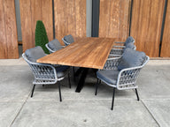 Bentley 260cm oud teak | Boomstam | Matrix poot  zwart | Nova dining stoel lichtgrijs | dining tuinset 7-dlg