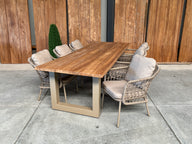 Bentley 260cm oud teak | Boomstam | U poot beige | Nova dining stoel beige | dining tuinset 7-dlg