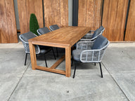 Windsor 240cm oud teak | Luna dining stoel rope licht grijs | dining tuinset 7-dlg